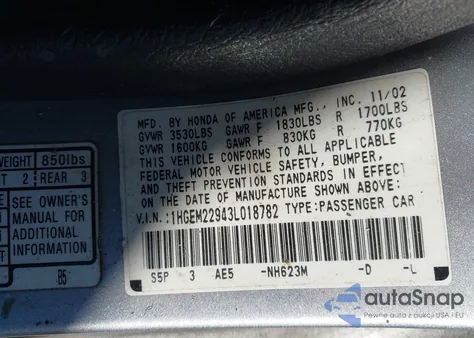 2003 Honda Civic Ex from USA, damaged, VIN 1HGEM22943L018782